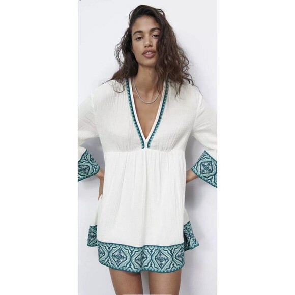 Zara Dresses & Skirts - Zara Embroidered Textured Dress Women's Small White Boho Beach Coverup NEW!